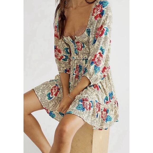 Free People Endless Summer Boho Puff Babydoll Peasant Cottagecore mini Dress M - Picture 3 of 7